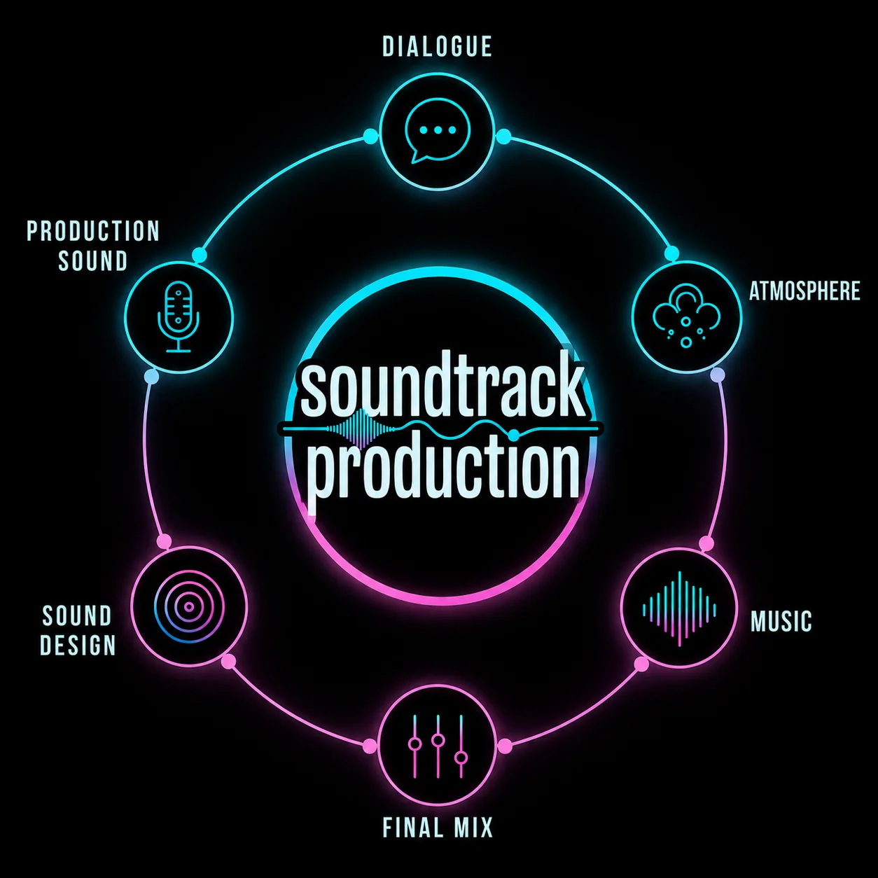The six elements of Soundtrack Production: Dialogue, Production Sound, Atmosphere, Sound Design, Music, and Final Mix arranged around the Soundtrack Production logo.